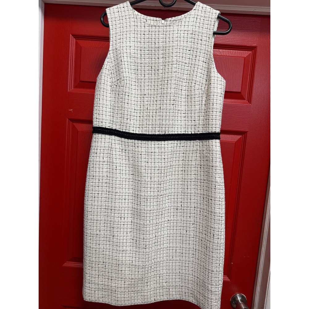 Anne Klein White Black Tweed Sleeveless Sheath Dress Metallic Trim Size 10